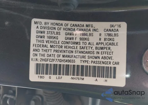 2016 Honda Civic Ex из США, поврежденный, VIN 2HGFC2F77GH549655